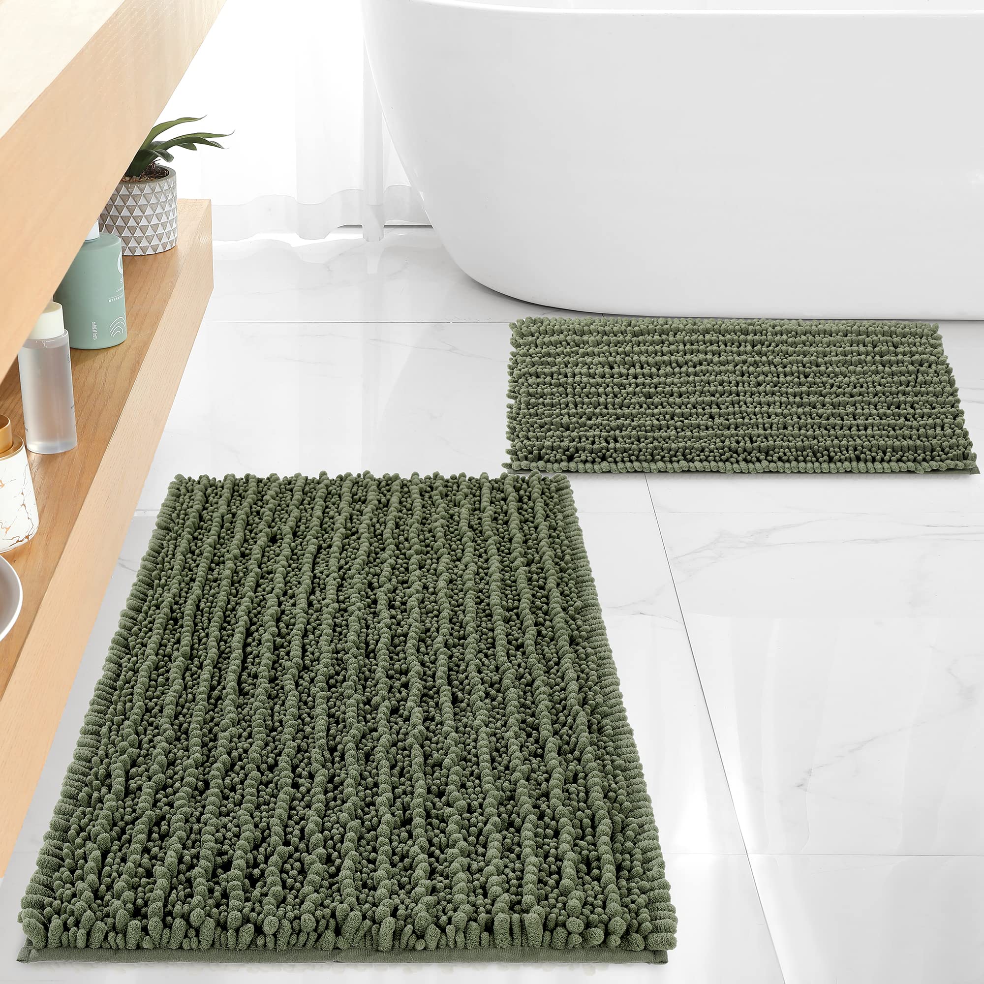 FLOLEOPA Chenille Coral Pink Bath Mat, Luxury Handmade Bathroom Rug, Non Slip, Extra Soft, Absorbent, Machine Washable, 32'x20' Plus 17'x24'