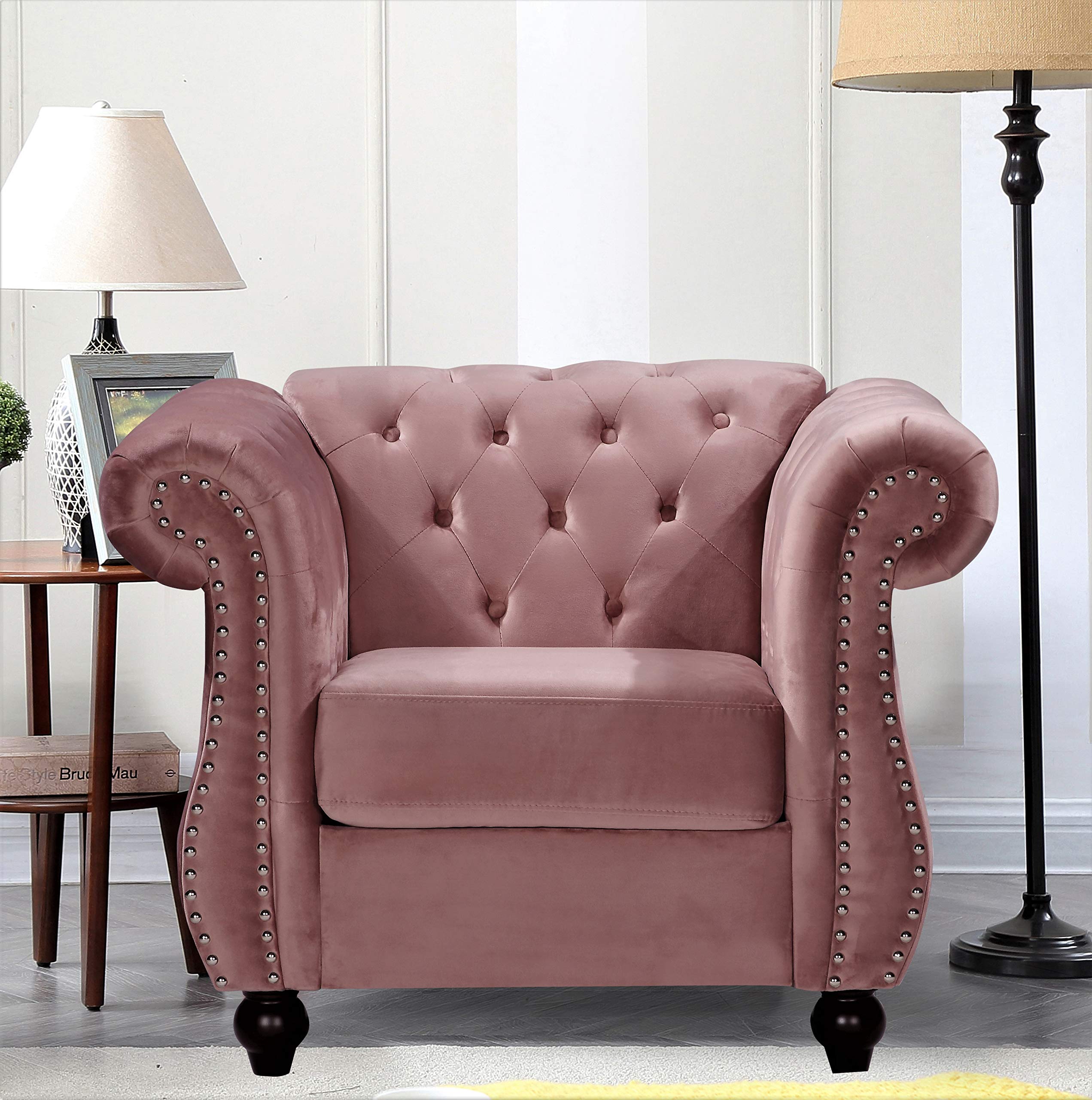 Container Furniture Direct Feinstein Modern Velvet Chesterfield Couches for Living Room with Nailheads, Diamond Tufting & Durable Metal Frame, Loveseat, Green