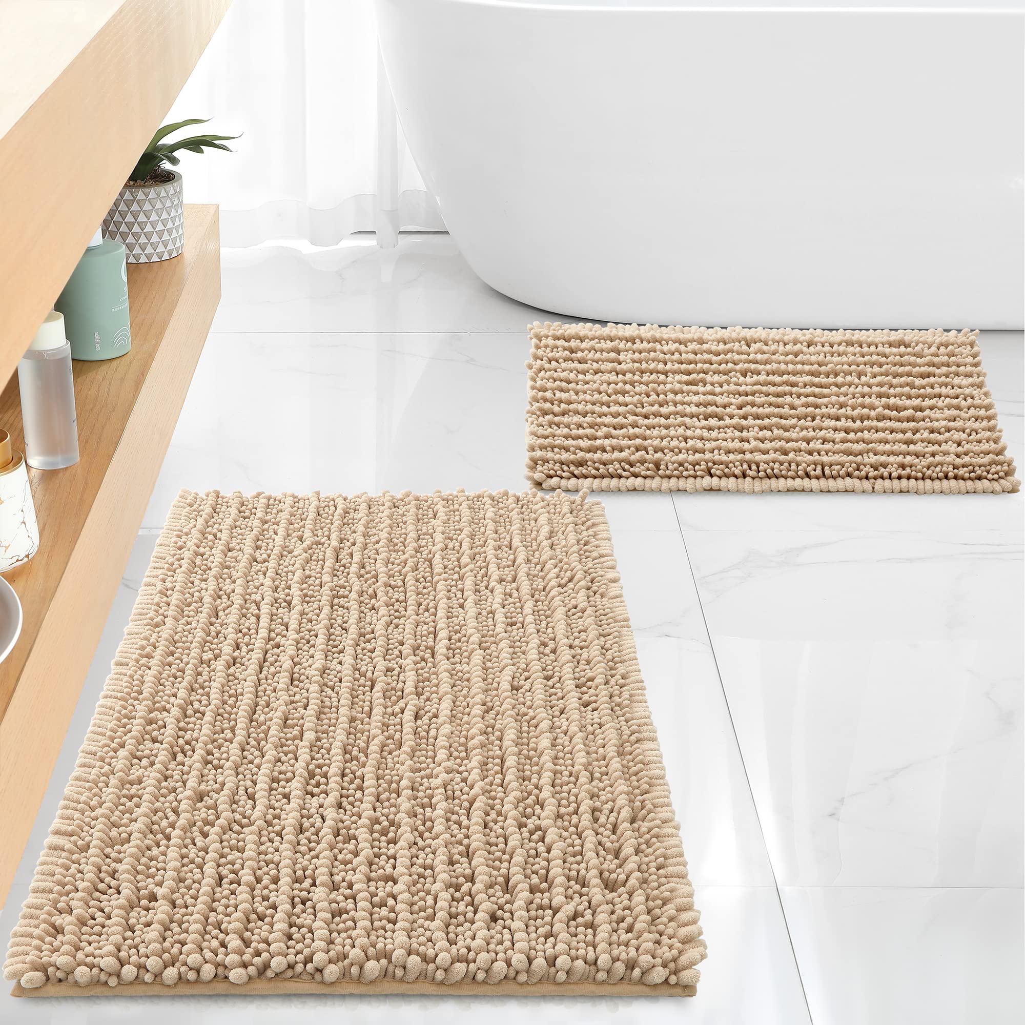 FLOLEOPA Chenille Coral Pink Bath Mat, Luxury Handmade Bathroom Rug, Non Slip, Extra Soft, Absorbent, Machine Washable, 32'x20' Plus 17'x24'