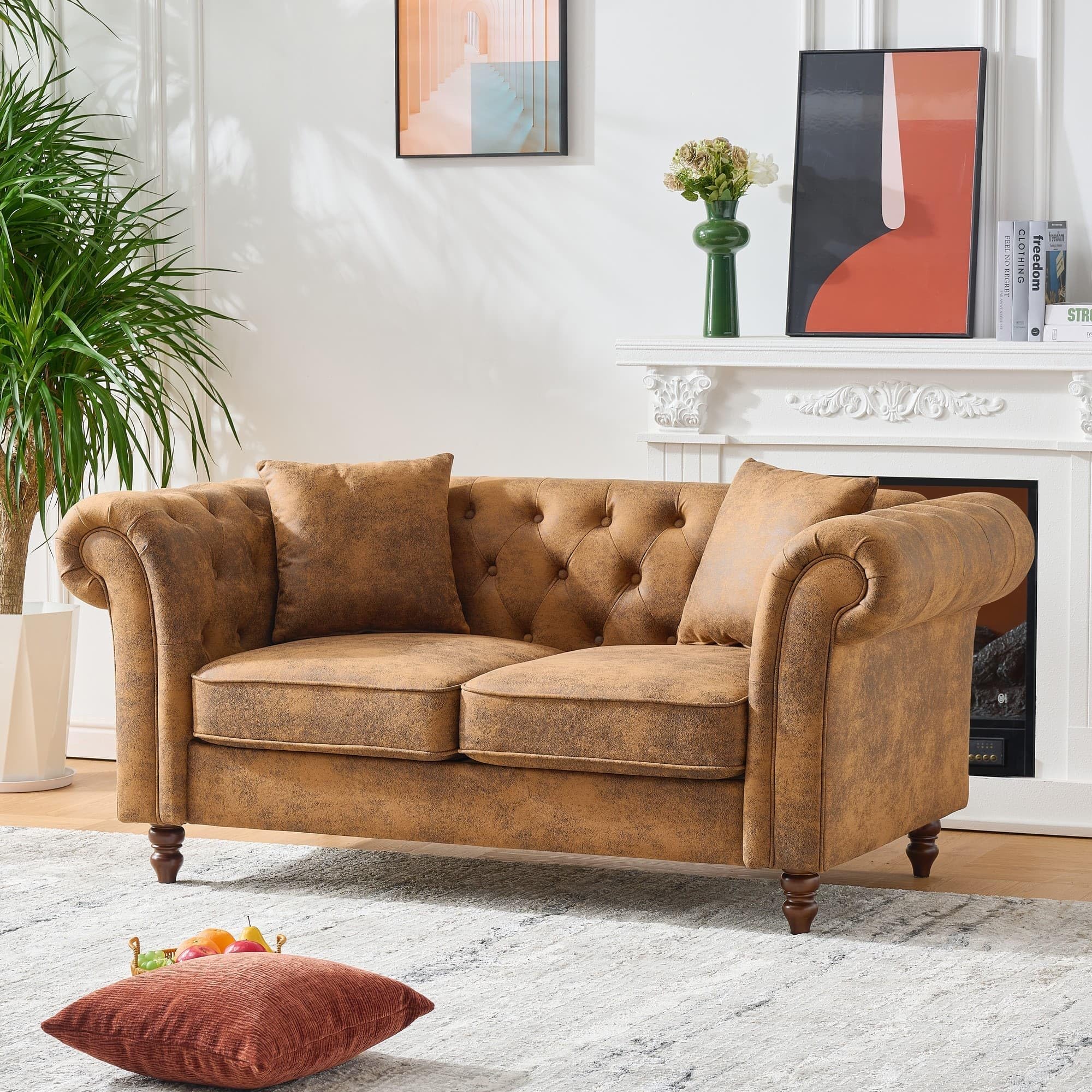 Velvet Loveseat Couch, Rolled Arm 2-Seater Tufted Sofa with Nailhead Trim and 2 Neck Roll Pillows, Living Room Small Apartment Office Décor Green