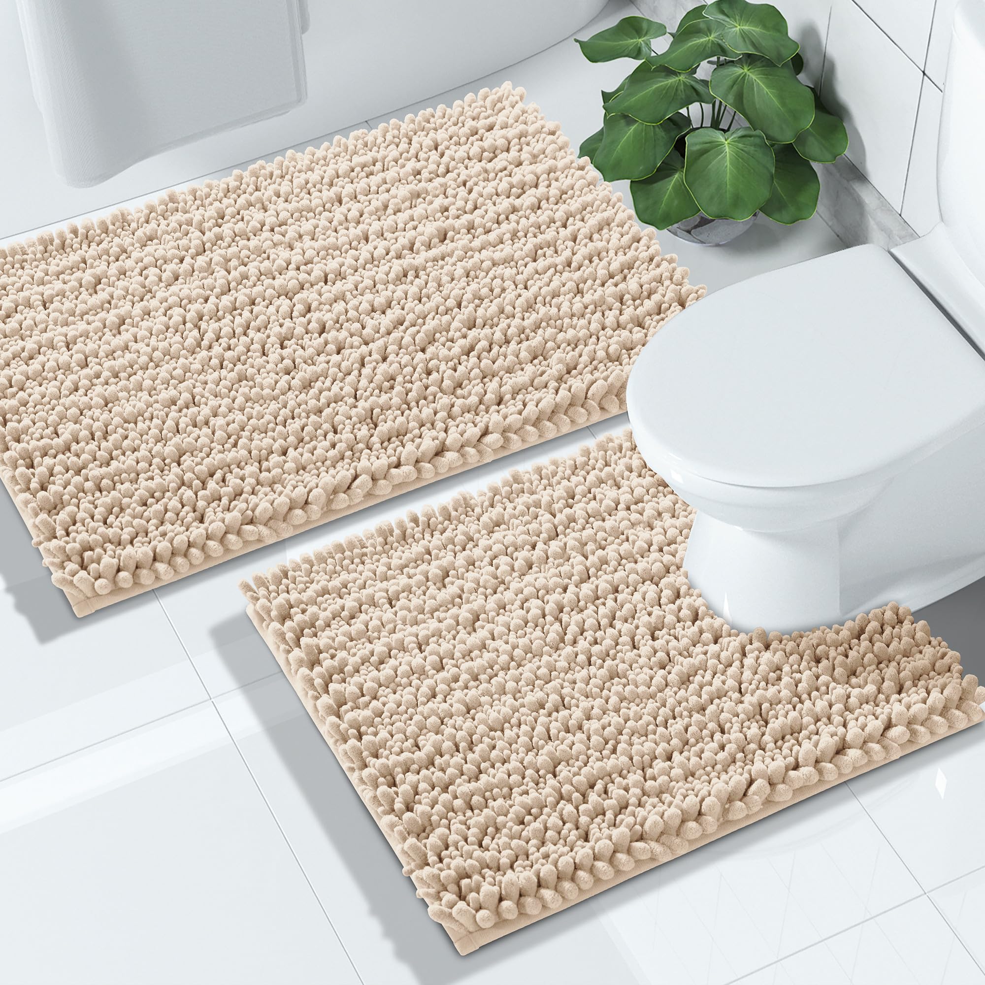 Yimobra Bathroom Rugs Sets 2 Piece - Quick Dry Extra Thick Luxury Chenille Bath Mat, Non Slip Super Absorbent for Tub Shower Sink, Machine Washable Shaggy Floor Mat, 32"x20"+24"x17" Inch, Black
