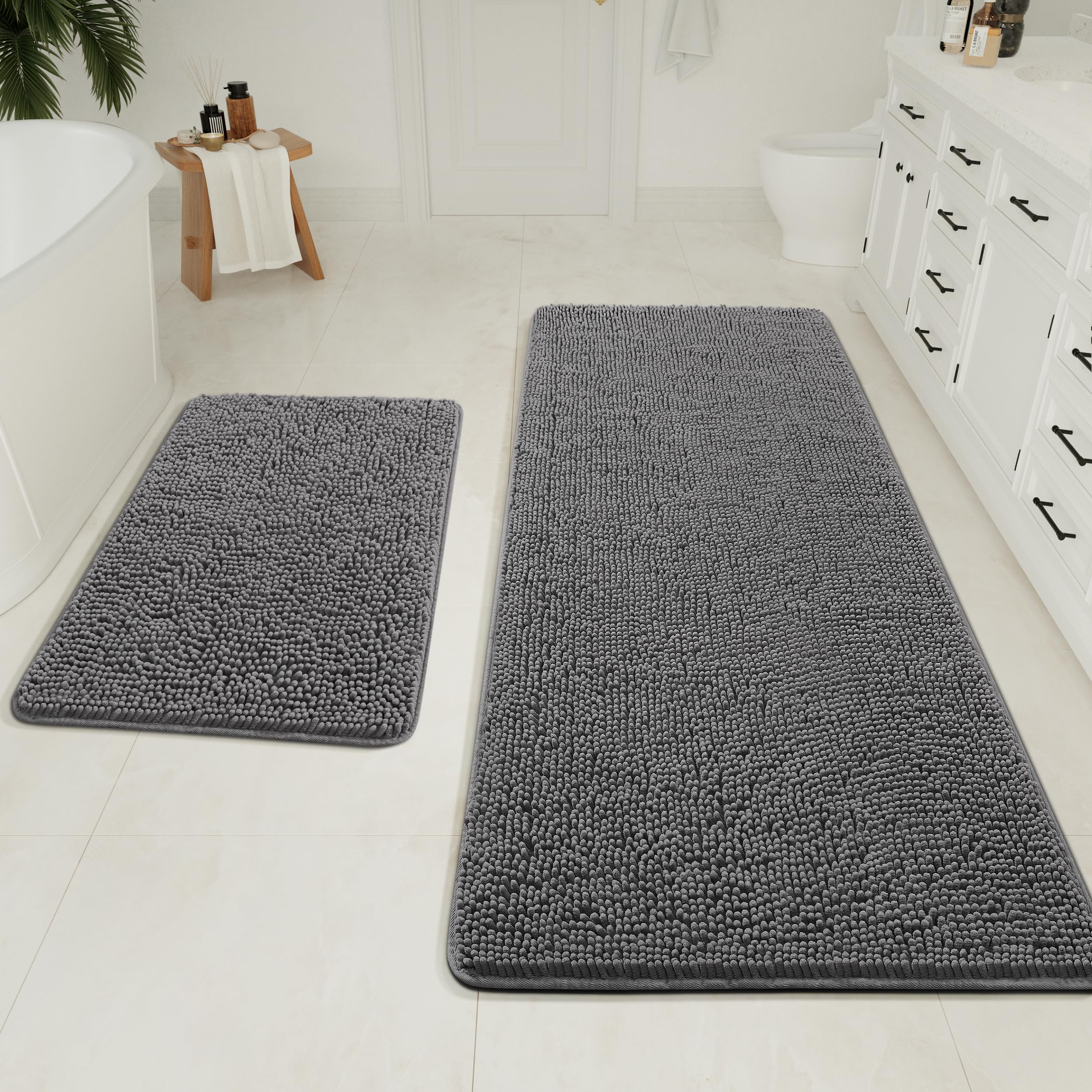 LOCHAS Bathroom Rugs Sets 2 Piece, 17 x 24 Plus 20 x 32 Inches Thick Non Slip Bath Rug Set, Absorbent Soft Chenille Bath Rug, Machine Washable Quick Dry Bath Mat for Bathroom Floor, Grey
