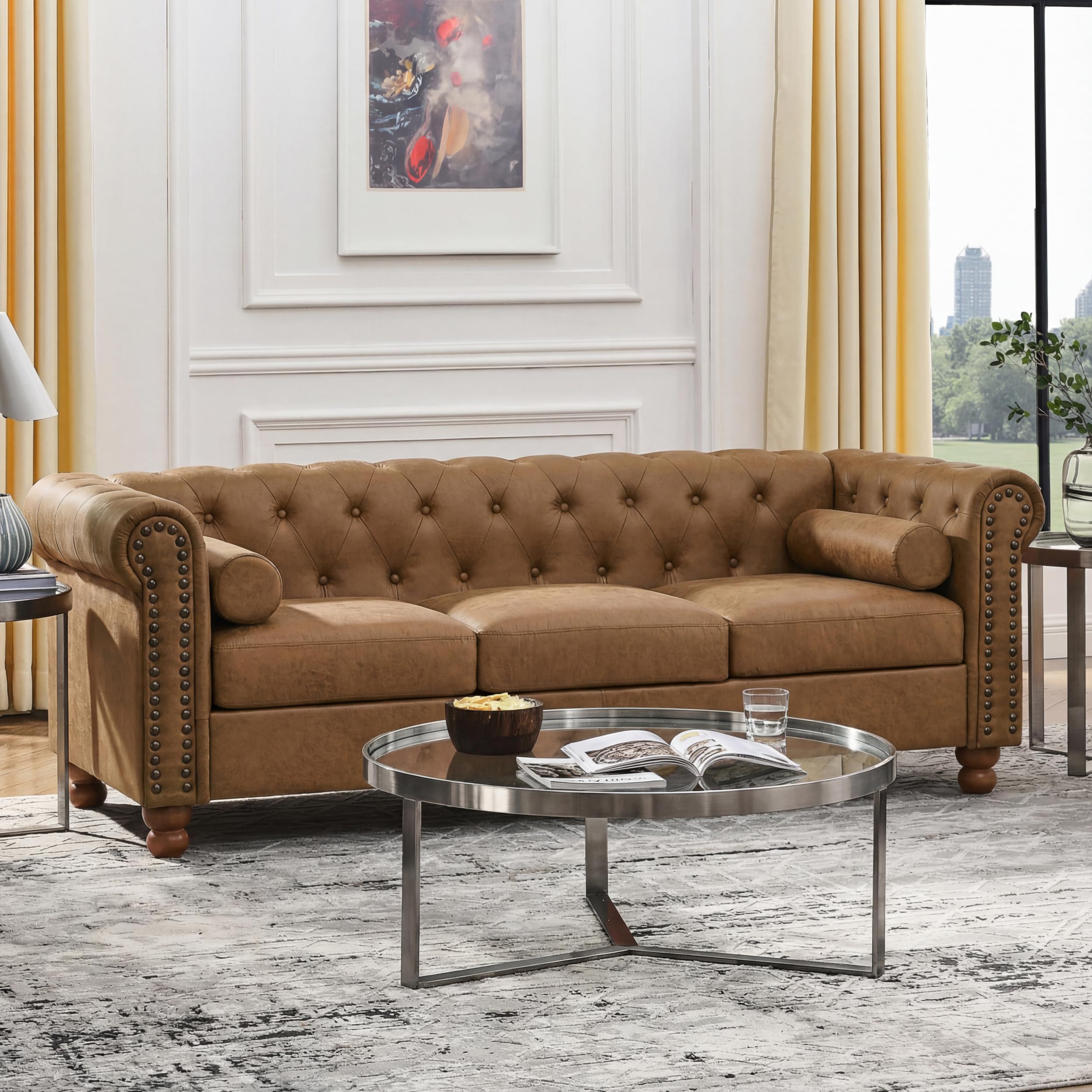 Velvet Loveseat Couch, Rolled Arm 2-Seater Tufted Sofa with Nailhead Trim and 2 Neck Roll Pillows, Living Room Small Apartment Office Décor Green
