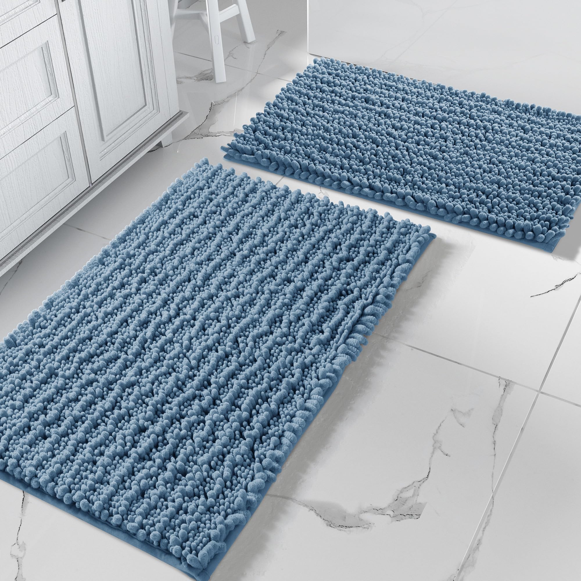 Yimobra Bathroom Rugs Sets 2 Piece - Quick Dry Extra Thick Luxury Chenille Bath Mat, Non Slip Super Absorbent for Tub Shower Sink, Machine Washable Shaggy Floor Mat, 32"x20"+24"x17" Inch, Black