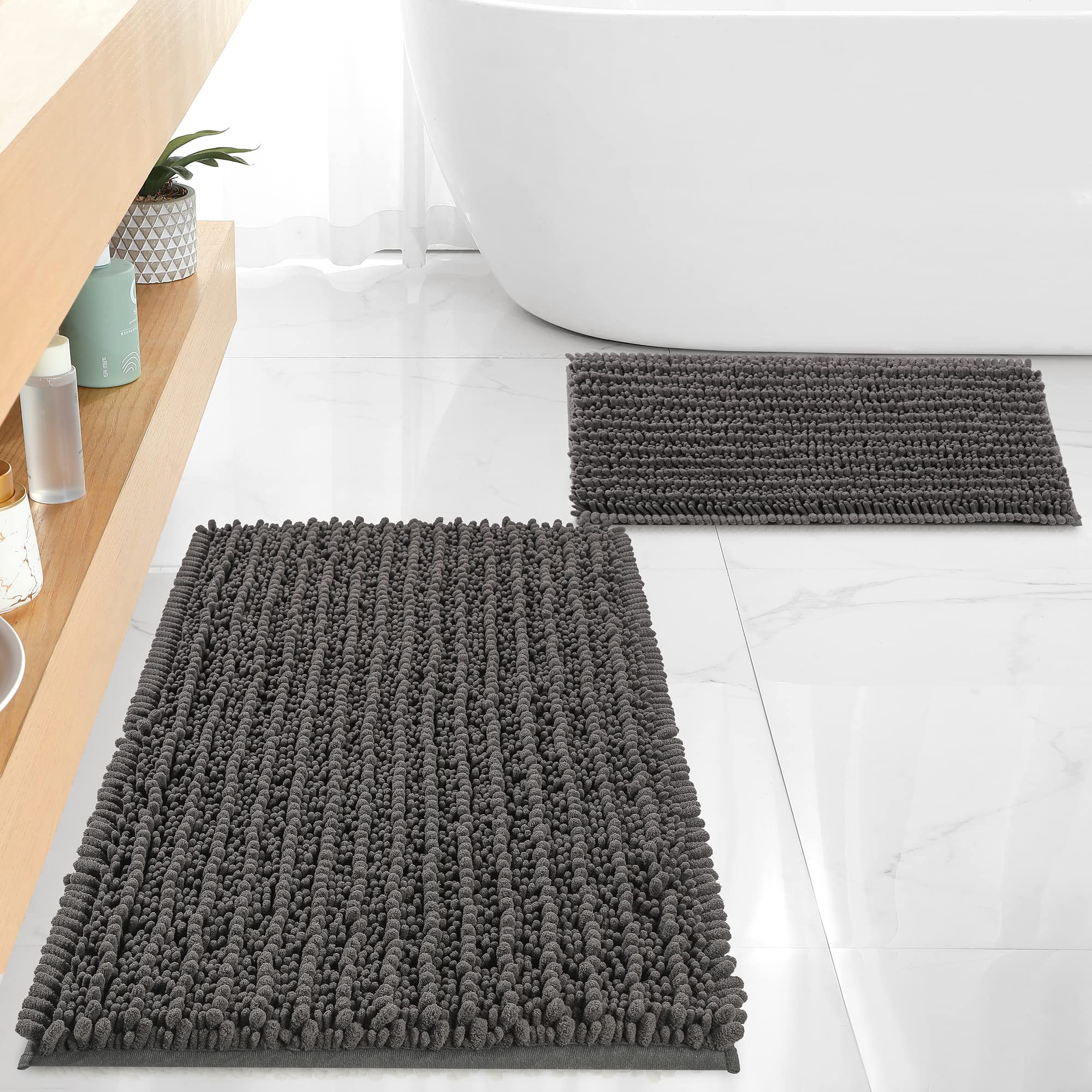 FLOLEOPA Chenille Coral Pink Bath Mat, Luxury Handmade Bathroom Rug, Non Slip, Extra Soft, Absorbent, Machine Washable, 32'x20' Plus 17'x24'