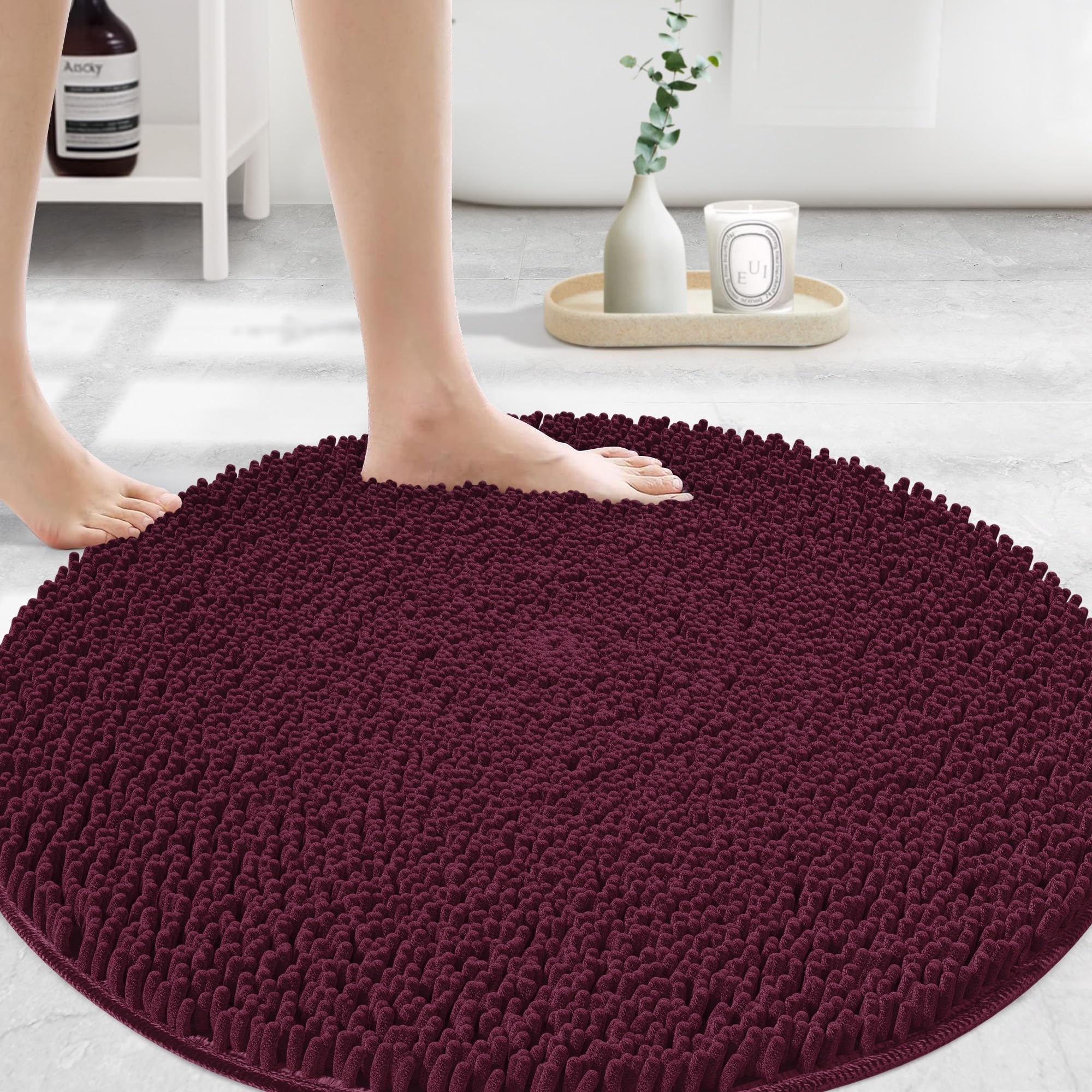 MAYSHINE Round Area Rug Set for Bathroom | Soft Plush Chenille Bath Mat, Water Absorbent Non-Slip Bathroom Rug | Washable Shag Carpet for Shower, Bedroom, or Home Décor | 36"x36" (Round) | White