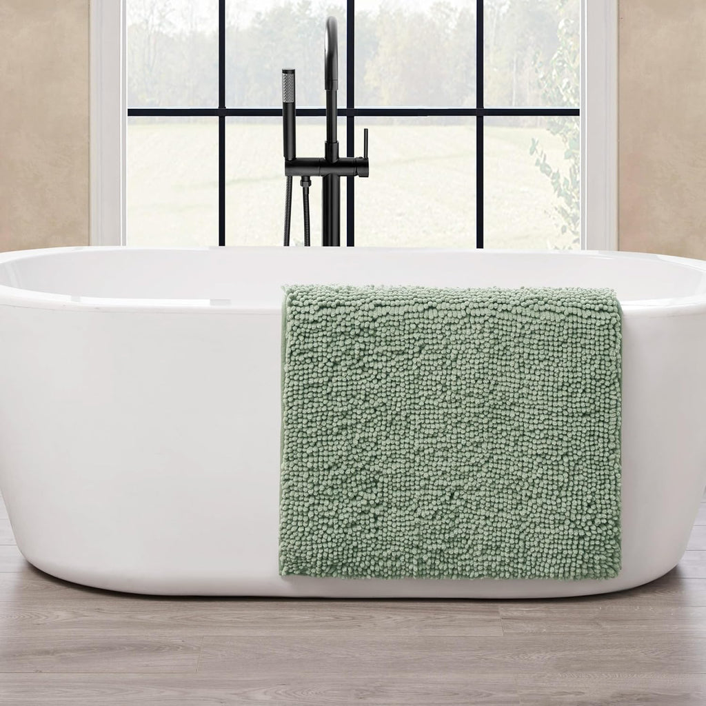 Creative Home Ideas Resort Collection Plush Chenille Bathroom Rugs – Non-Slip Backing and Machine Washable, Sage Green - 24 x 60 Inches Bath Mat