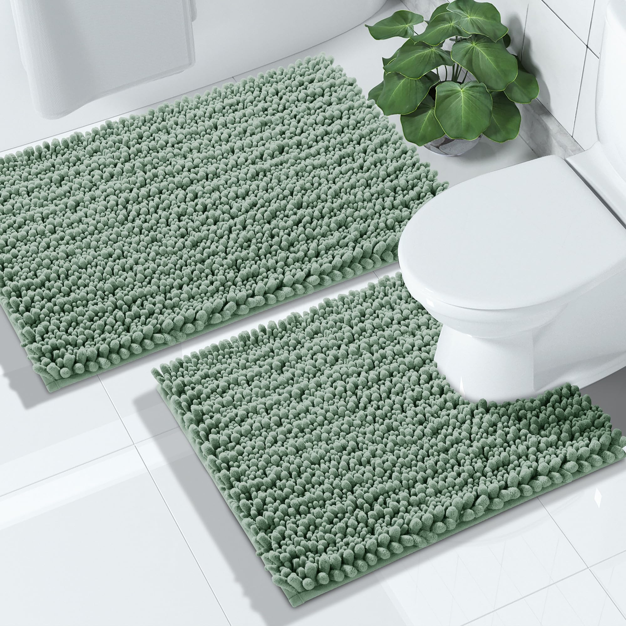 Yimobra Bathroom Rugs Sets 2 Piece - Quick Dry Extra Thick Luxury Chenille Bath Mat, Non Slip Super Absorbent for Tub Shower Sink, Machine Washable Shaggy Floor Mat, 32"x20"+24"x17" Inch, Black