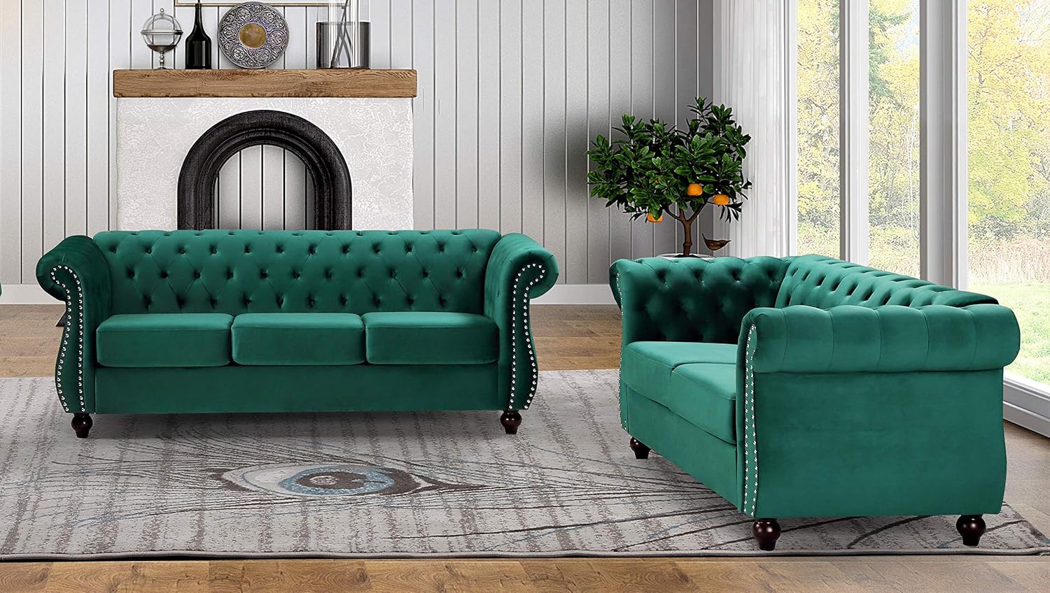 Container Furniture Direct Feinstein Modern Velvet Chesterfield Couches for Living Room with Nailheads, Diamond Tufting & Durable Metal Frame, Loveseat, Green