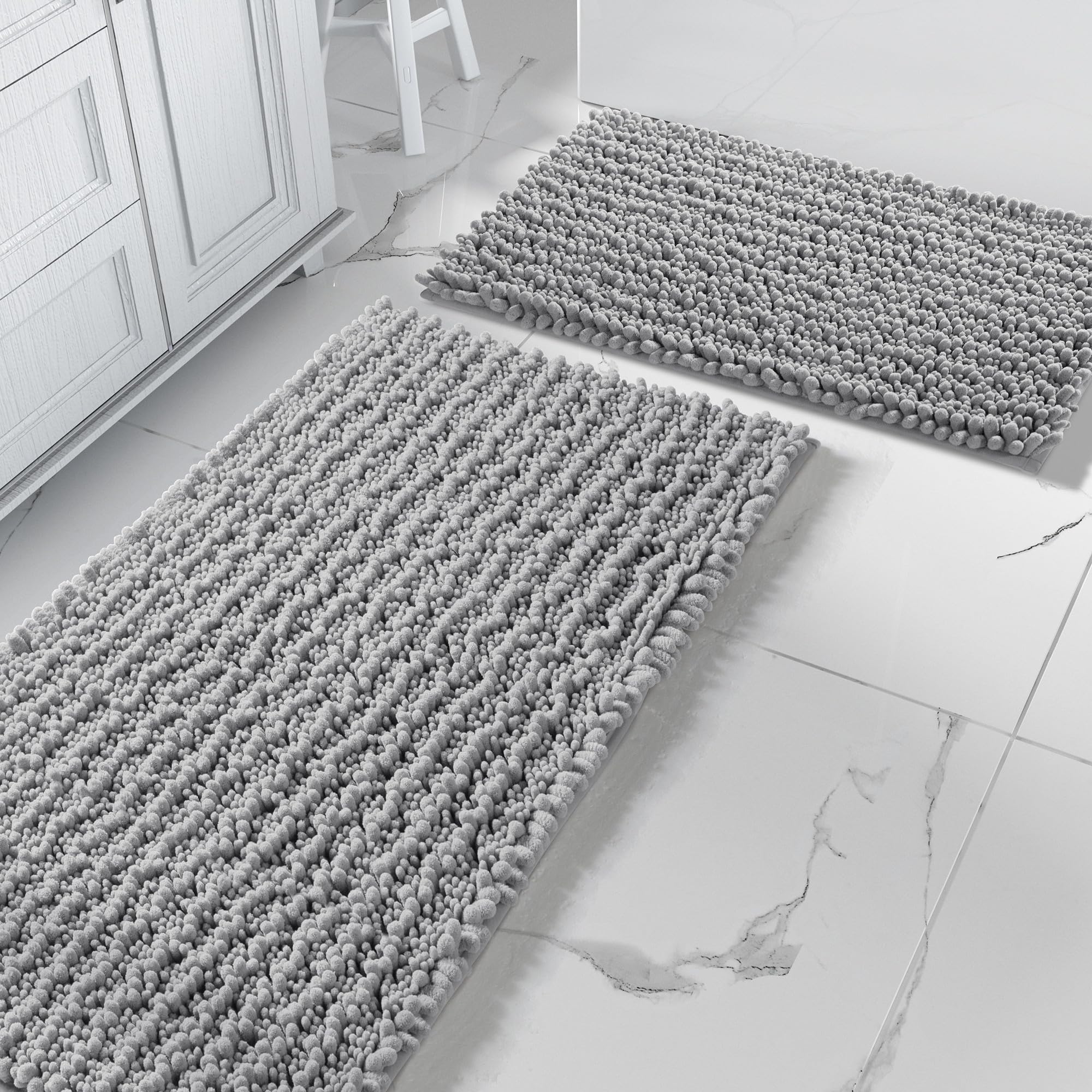 Yimobra Bathroom Rugs Sets 2 Piece - Quick Dry Extra Thick Luxury Chenille Bath Mat, Non Slip Super Absorbent for Tub Shower Sink, Machine Washable Shaggy Floor Mat, 32"x20"+24"x17" Inch, Black
