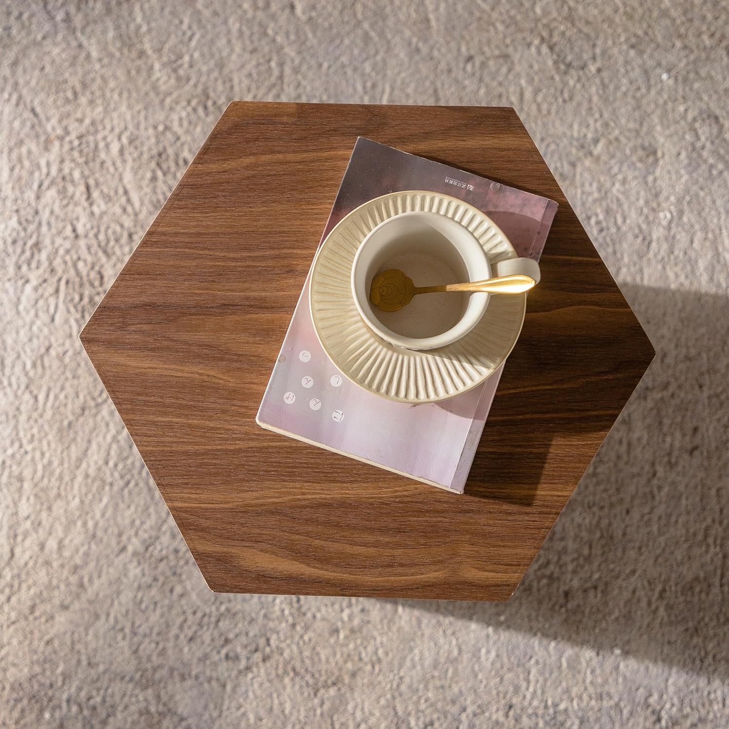 Hexagon Wooden Side Table Withe Wood Grain, Modern Fully Assembled End Table for Small Spaces, Living Room, Bedroom, 15.75"×13.58"×18.9" - Walnut