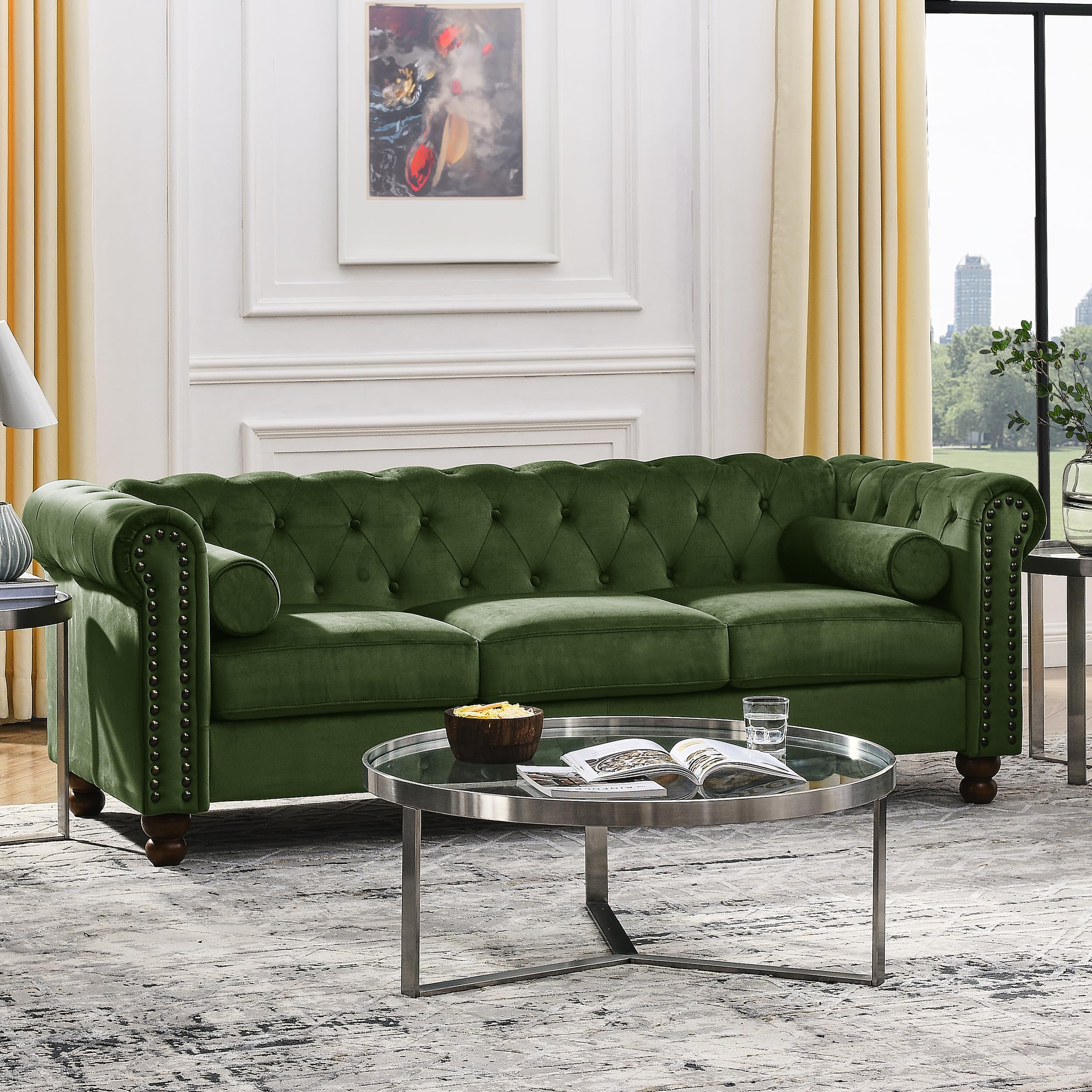Velvet Loveseat Couch, Rolled Arm 2-Seater Tufted Sofa with Nailhead Trim and 2 Neck Roll Pillows, Living Room Small Apartment Office Décor Green