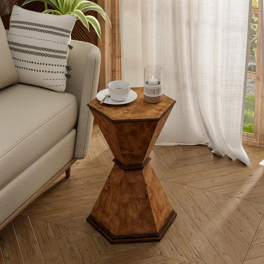 COZAYH Farmhouse Hexagonal Accent Table, Rustic Hourglass Design Side Table with Sculptural Geometric Base for Living Room or Bedroom, Natural Wood-Tone Finish, Brown