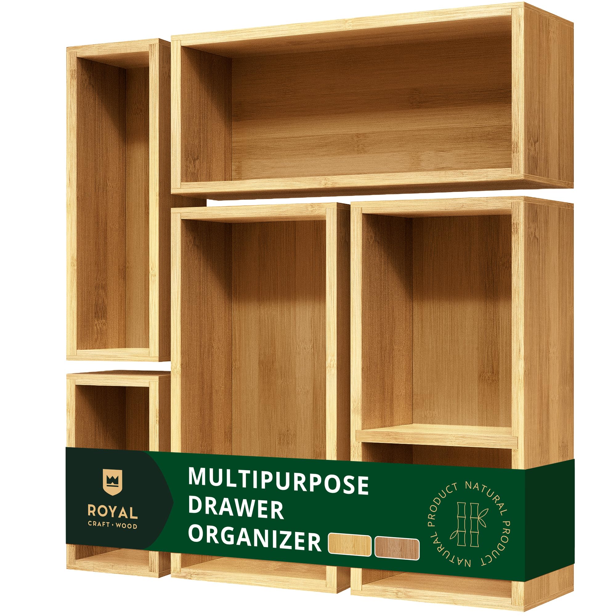 ROYAL CRAFT WOOD 5-Piece Bamboo Drawer Organizer Set – Multi-Use Storage Trays for Kitchen, Bathroom, Office, Makeup, Jewelry & More – Junk Drawer Tray, Utensil Holder, Storage Box & Bin Set (5 Boxes)