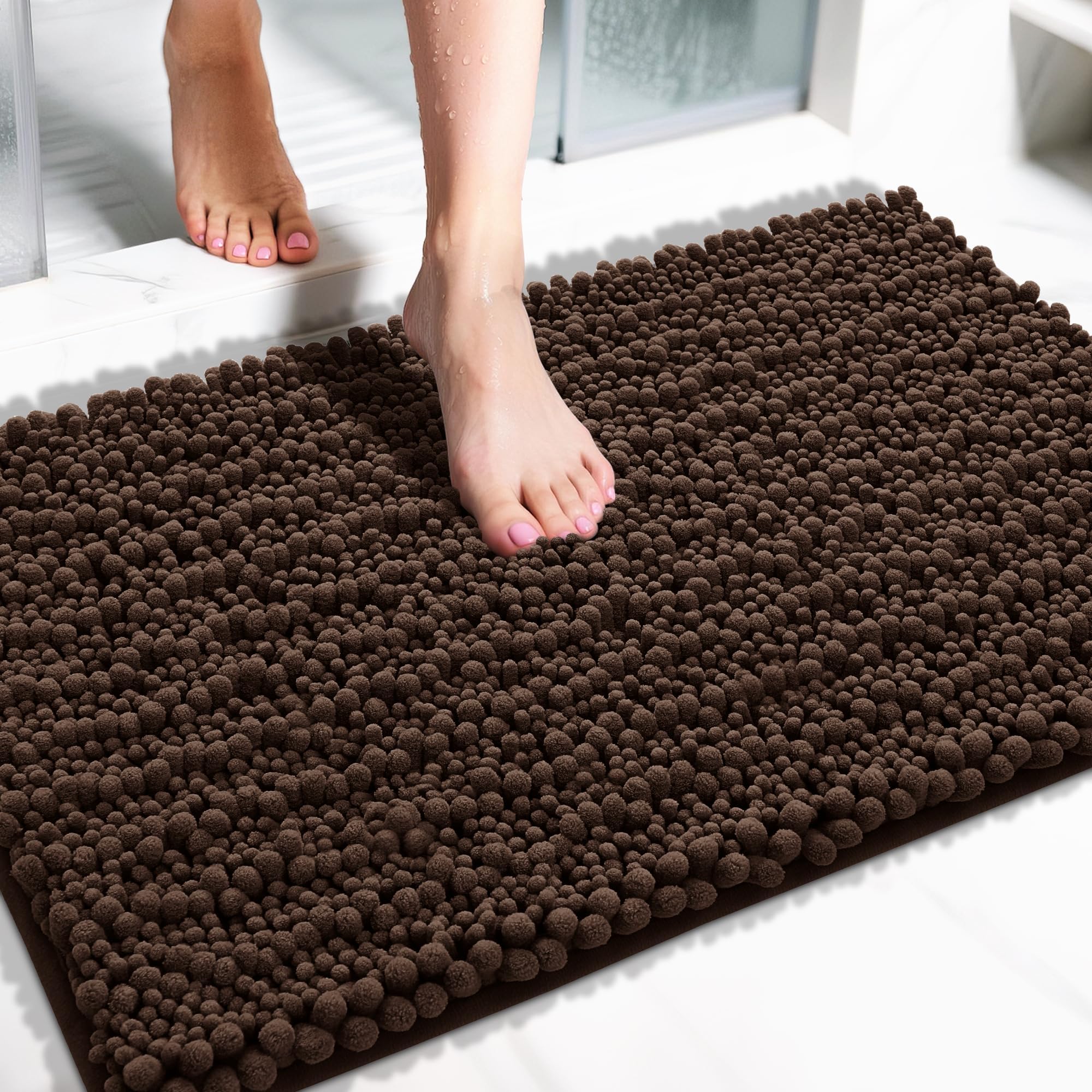 Yimobra Bathroom Rugs Non Slip Washable - Ultra Soft Absorbent Chenille Bath Mat, Quick Dry Shaggy Floor Carpet for Tub Shower, Gray Home Decor Accessories, 24x17 Inch