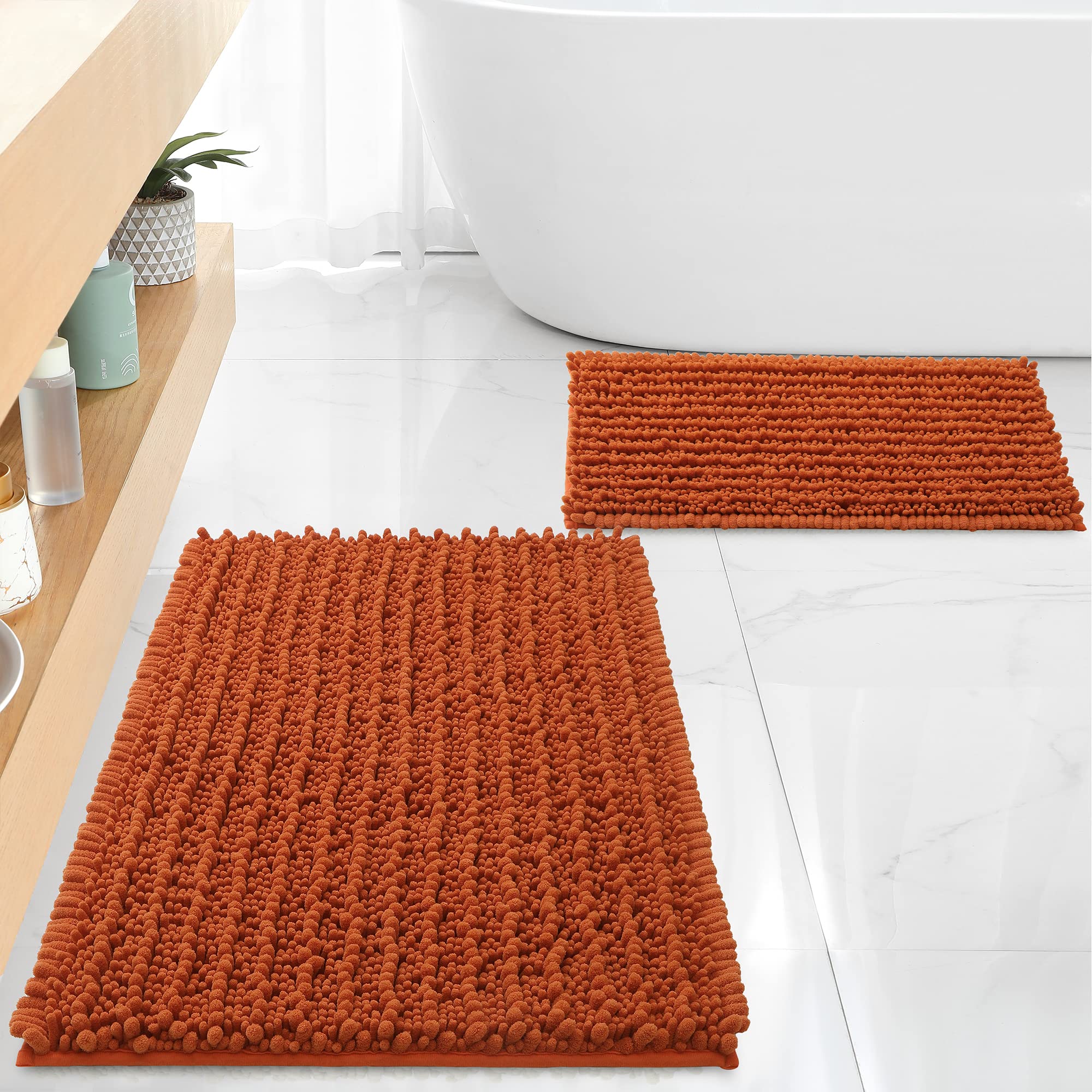 FLOLEOPA Chenille Coral Pink Bath Mat, Luxury Handmade Bathroom Rug, Non Slip, Extra Soft, Absorbent, Machine Washable, 32'x20' Plus 17'x24'