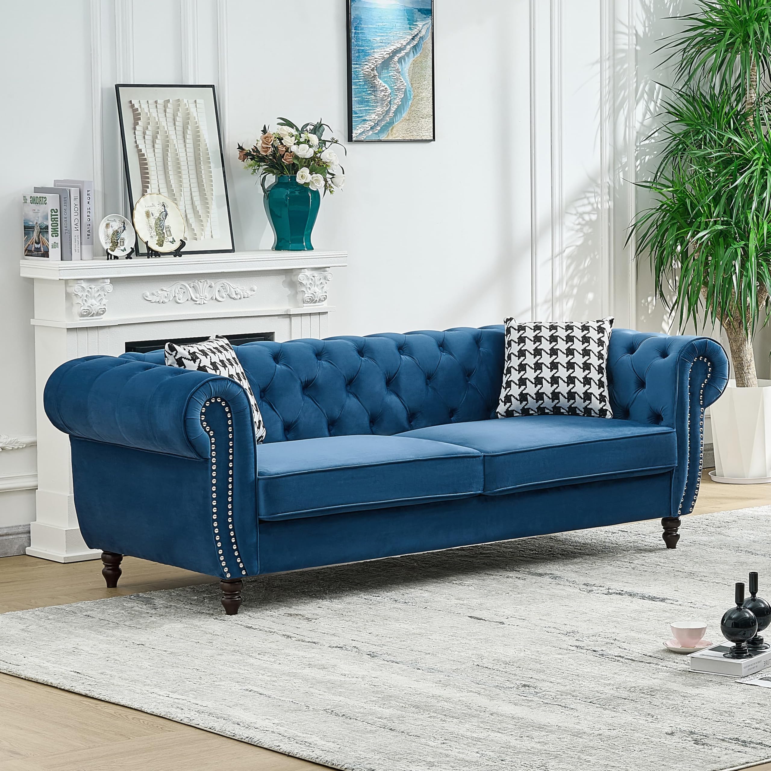 Velvet Loveseat Couch, Rolled Arm 2-Seater Tufted Sofa with Nailhead Trim and 2 Neck Roll Pillows, Living Room Small Apartment Office Décor Green