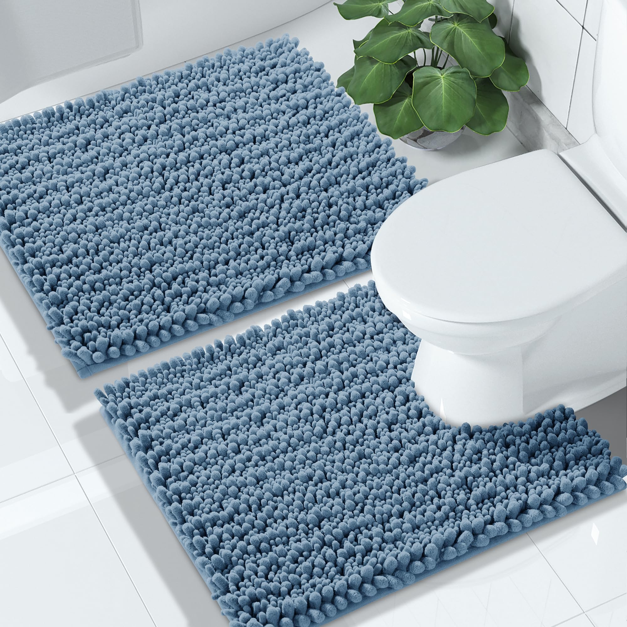 Yimobra Bathroom Rugs Sets 2 Piece - Quick Dry Extra Thick Luxury Chenille Bath Mat, Non Slip Super Absorbent for Tub Shower Sink, Machine Washable Shaggy Floor Mat, 32"x20"+24"x17" Inch, Black