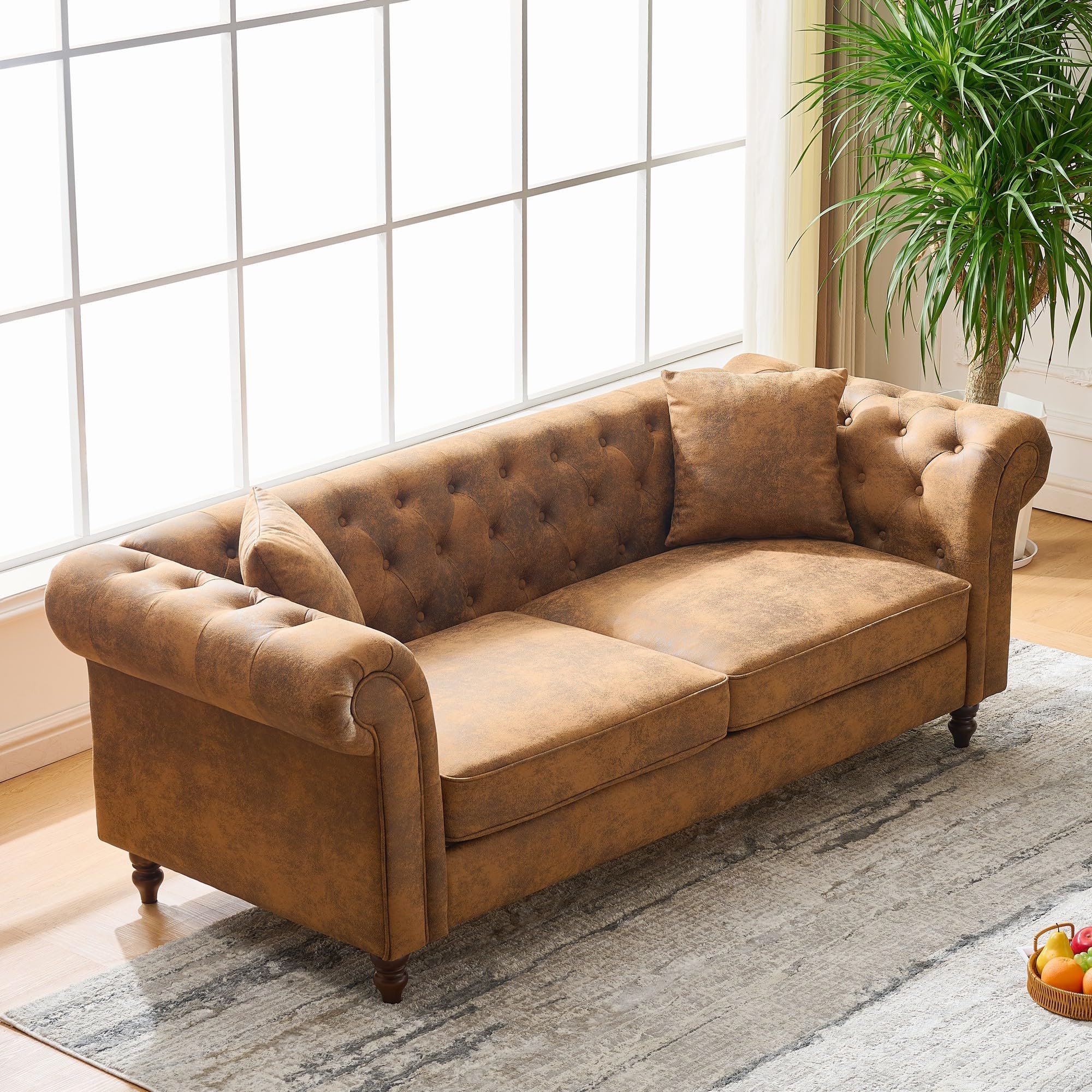 Velvet Loveseat Couch, Rolled Arm 2-Seater Tufted Sofa with Nailhead Trim and 2 Neck Roll Pillows, Living Room Small Apartment Office Décor Green