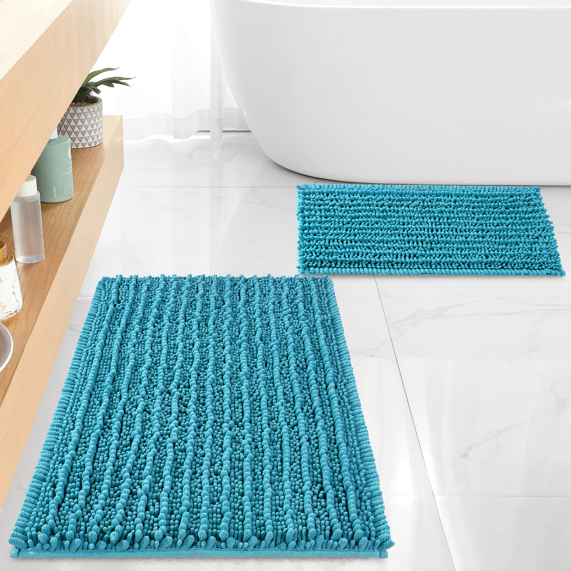 FLOLEOPA Chenille Coral Pink Bath Mat, Luxury Handmade Bathroom Rug, Non Slip, Extra Soft, Absorbent, Machine Washable, 32'x20' Plus 17'x24'