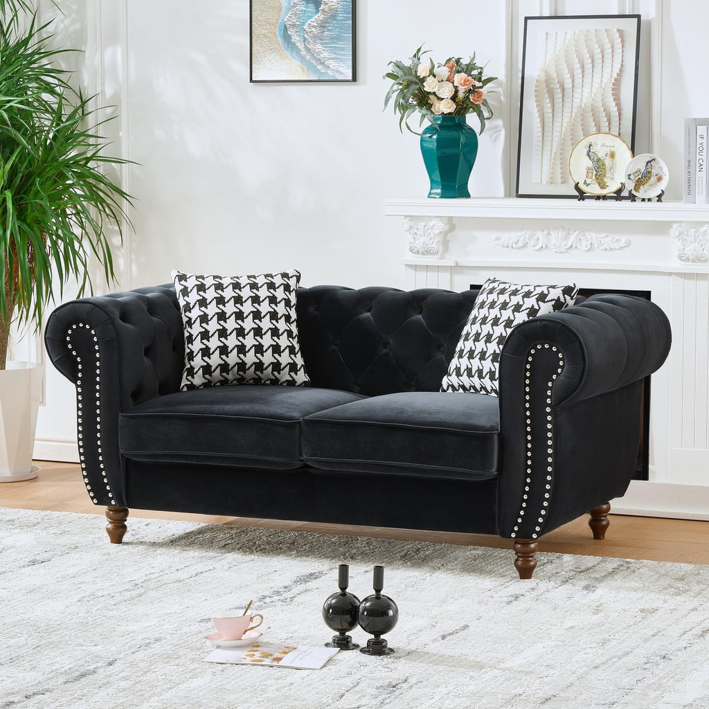 Velvet Loveseat Couch, Rolled Arm 2-Seater Tufted Sofa with Nailhead Trim and 2 Neck Roll Pillows, Living Room Small Apartment Office Décor Green