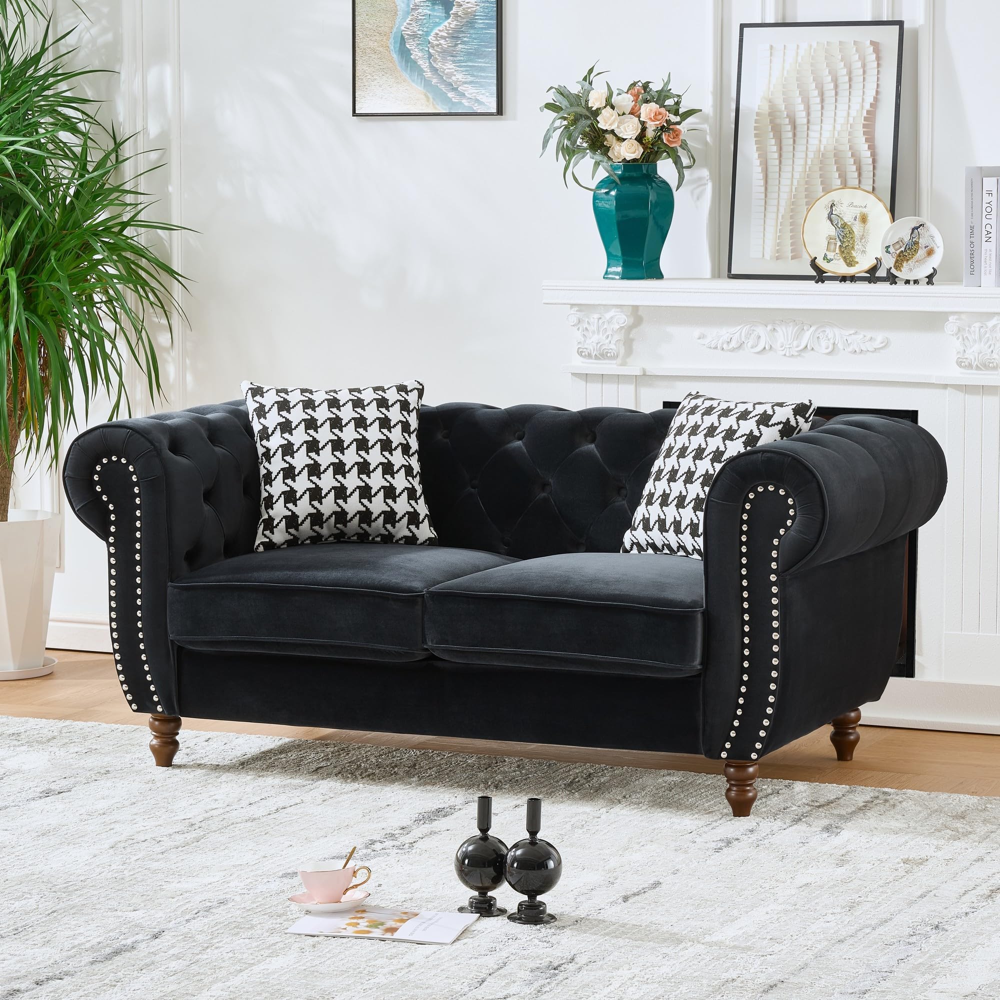 Velvet Loveseat Couch, Rolled Arm 2-Seater Tufted Sofa with Nailhead Trim and 2 Neck Roll Pillows, Living Room Small Apartment Office Décor Green