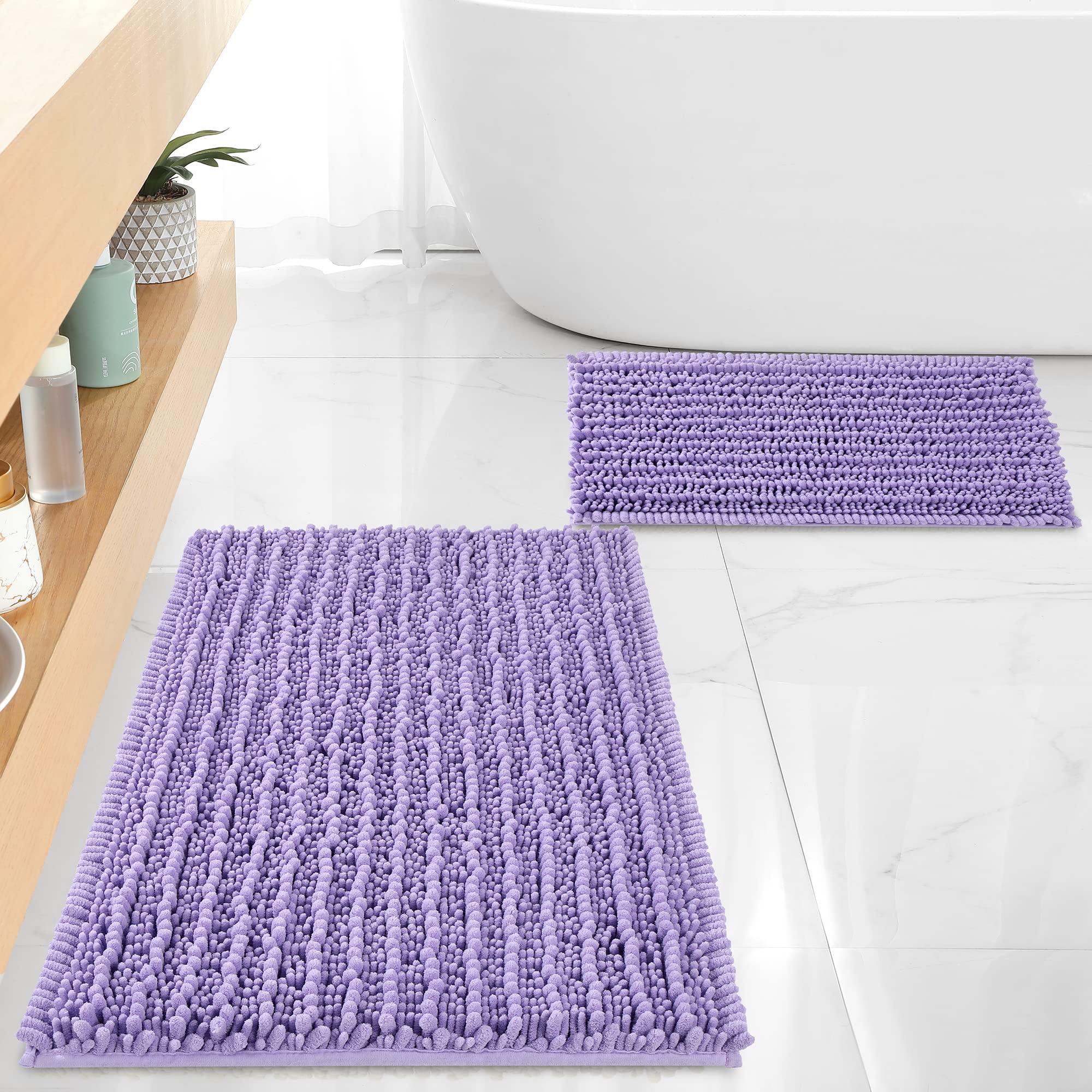 FLOLEOPA Chenille Coral Pink Bath Mat, Luxury Handmade Bathroom Rug, Non Slip, Extra Soft, Absorbent, Machine Washable, 32'x20' Plus 17'x24'