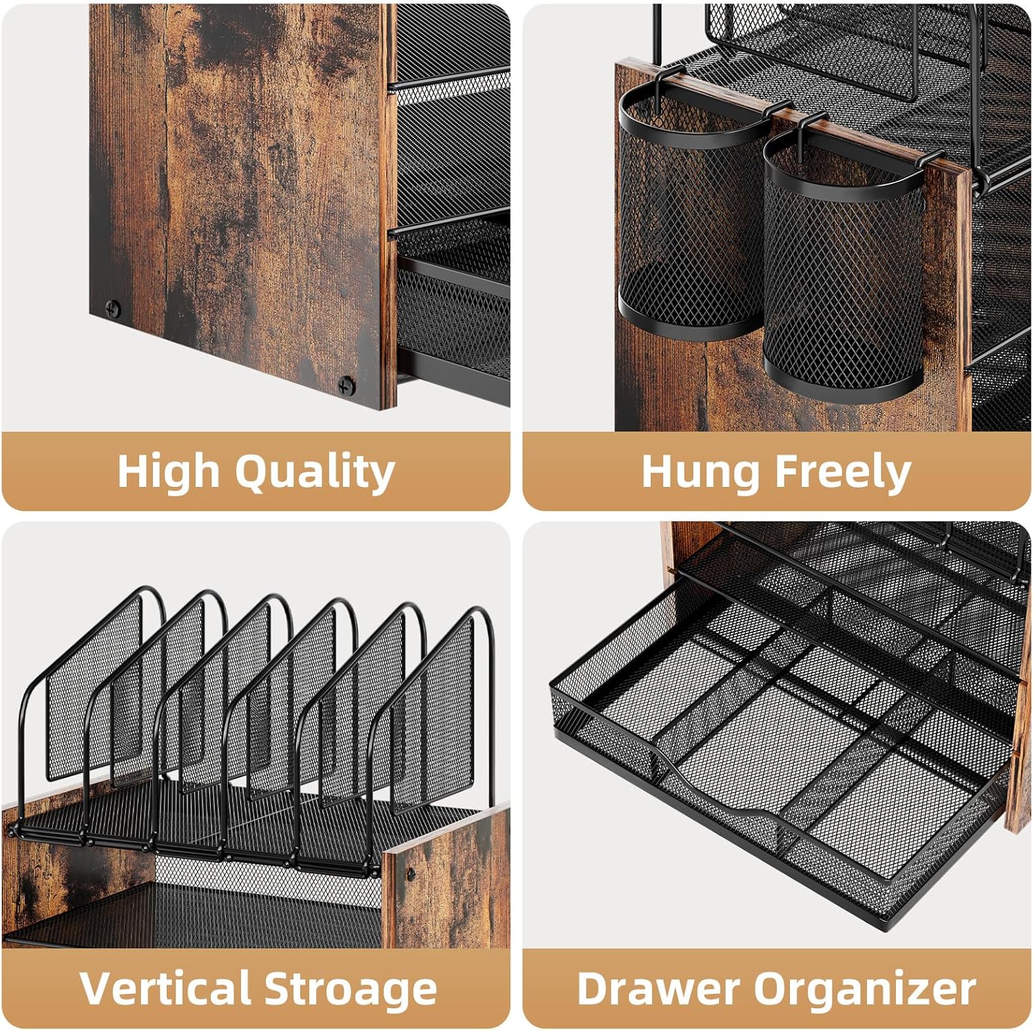Marbrasse Desk Organizer with Drawer, 4-Tier Wooden File Organizer with 5 Vertical File Holders and 2 Pen Holders, Desk Organizers and Accessories for Home Office - Dark Brown