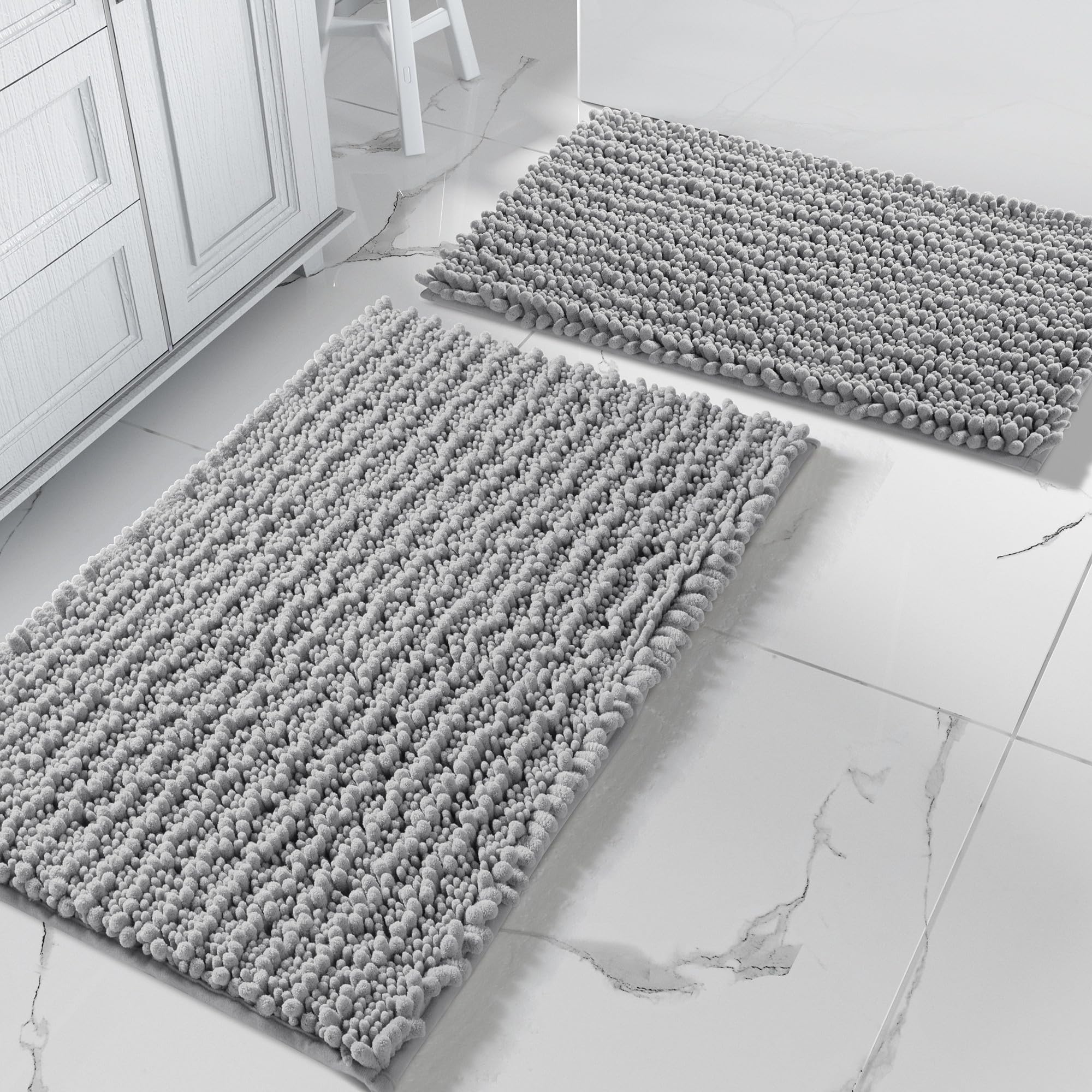 Yimobra Bathroom Rugs Sets 2 Piece - Quick Dry Extra Thick Luxury Chenille Bath Mat, Non Slip Super Absorbent for Tub Shower Sink, Machine Washable Shaggy Floor Mat, 32"x20"+24"x17" Inch, Black