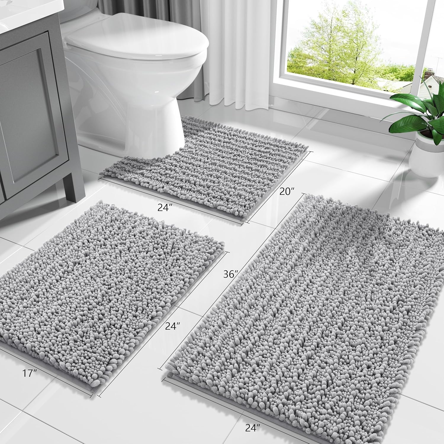Yimobra Bathroom Rugs Non Slip Washable - Ultra Soft Absorbent Chenille Bath Mat, Quick Dry Shaggy Floor Carpet for Tub Shower, Gray Home Decor Accessories, 24x17 Inch
