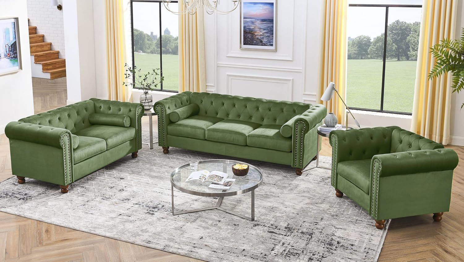 Velvet Loveseat Couch, Rolled Arm 2-Seater Tufted Sofa with Nailhead Trim and 2 Neck Roll Pillows, Living Room Small Apartment Office Décor Green