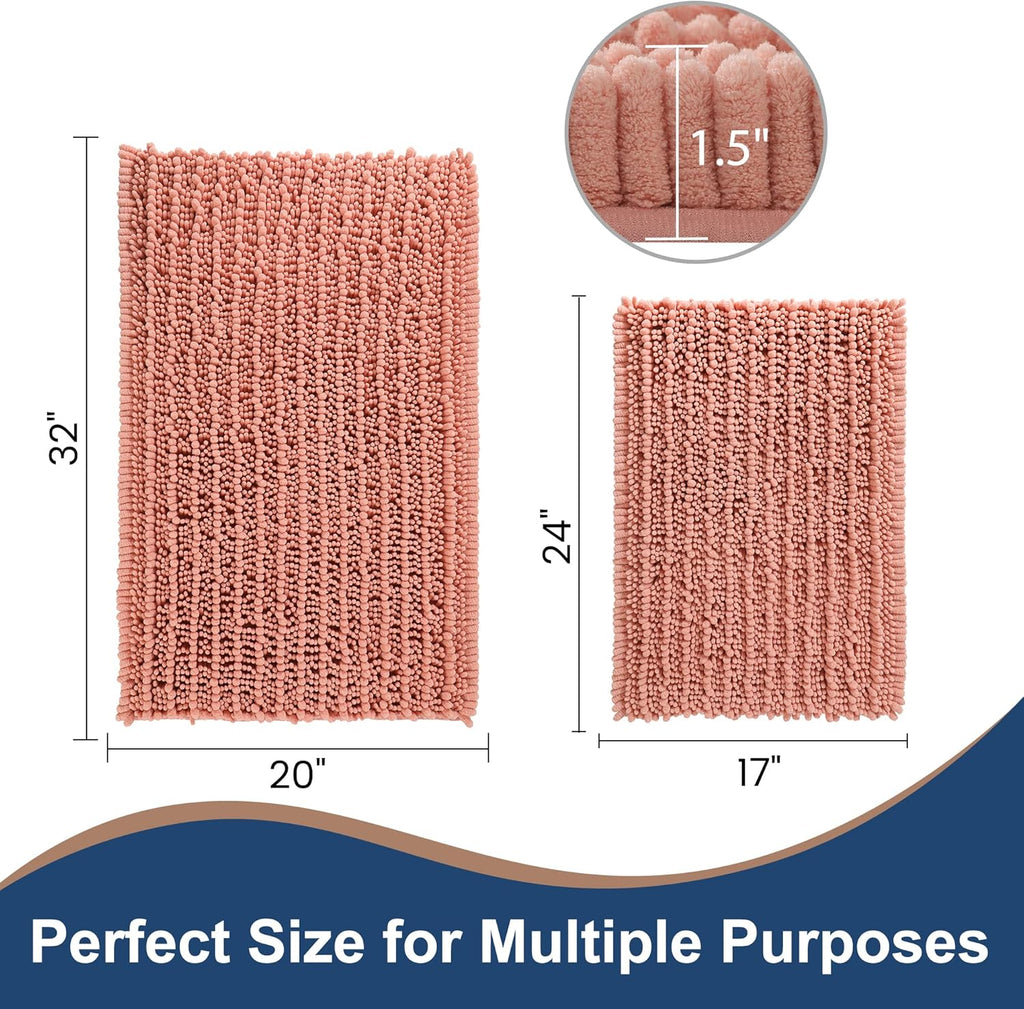 FLOLEOPA Chenille Coral Pink Bath Mat, Luxury Handmade Bathroom Rug, Non Slip, Extra Soft, Absorbent, Machine Washable, 32'x20' Plus 17'x24'