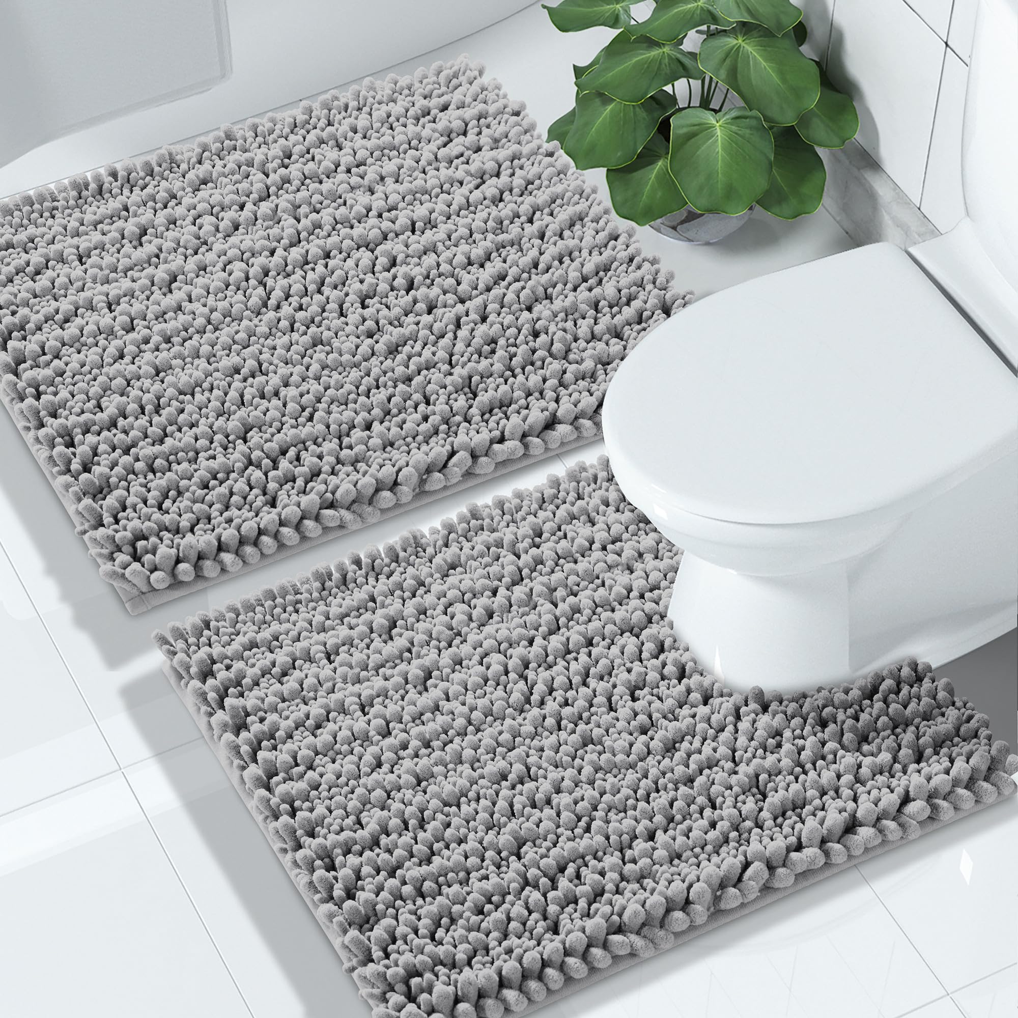 Yimobra Bathroom Rugs Sets 2 Piece - Quick Dry Extra Thick Luxury Chenille Bath Mat, Non Slip Super Absorbent for Tub Shower Sink, Machine Washable Shaggy Floor Mat, 32"x20"+24"x17" Inch, Black