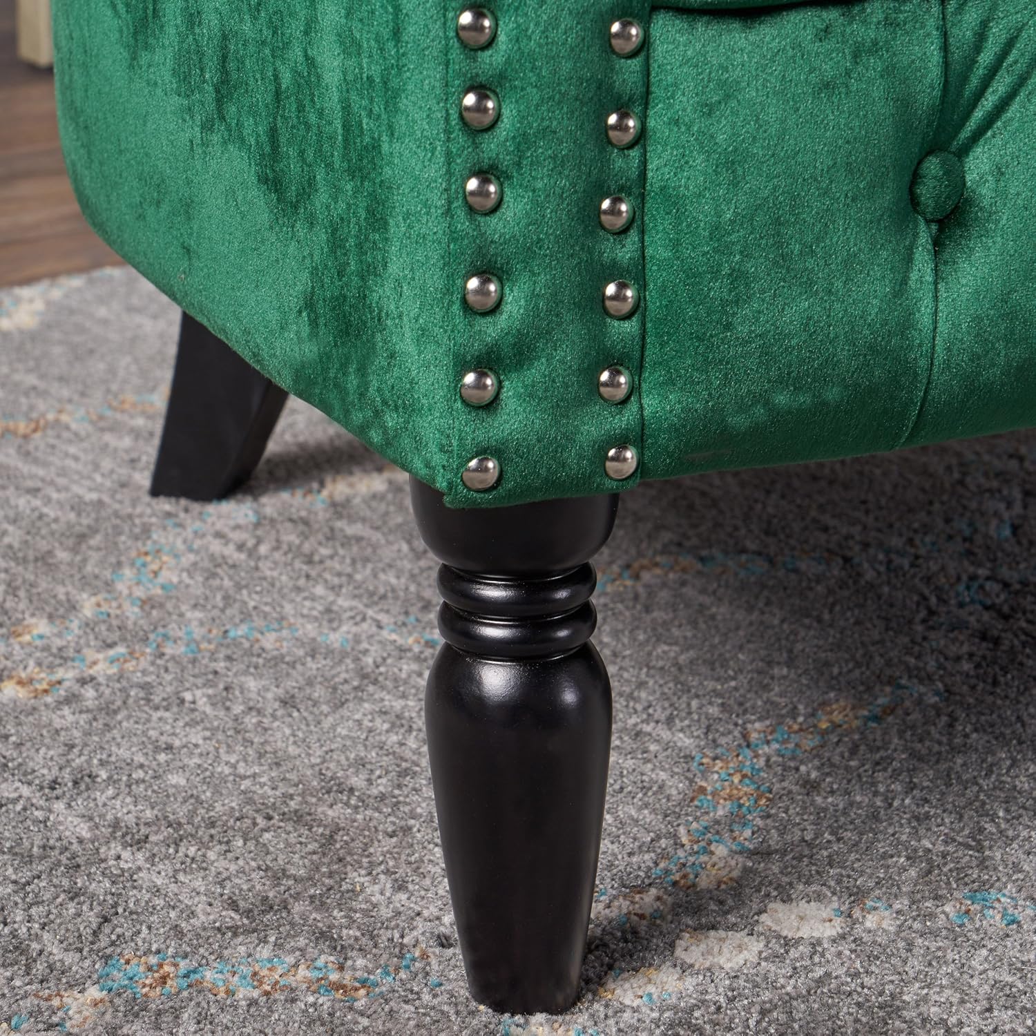 GDFStudio Melaina Tufted Chesterfield Velvet Loveseat with Scrolled Arms, Emerald and Dark Brown.
