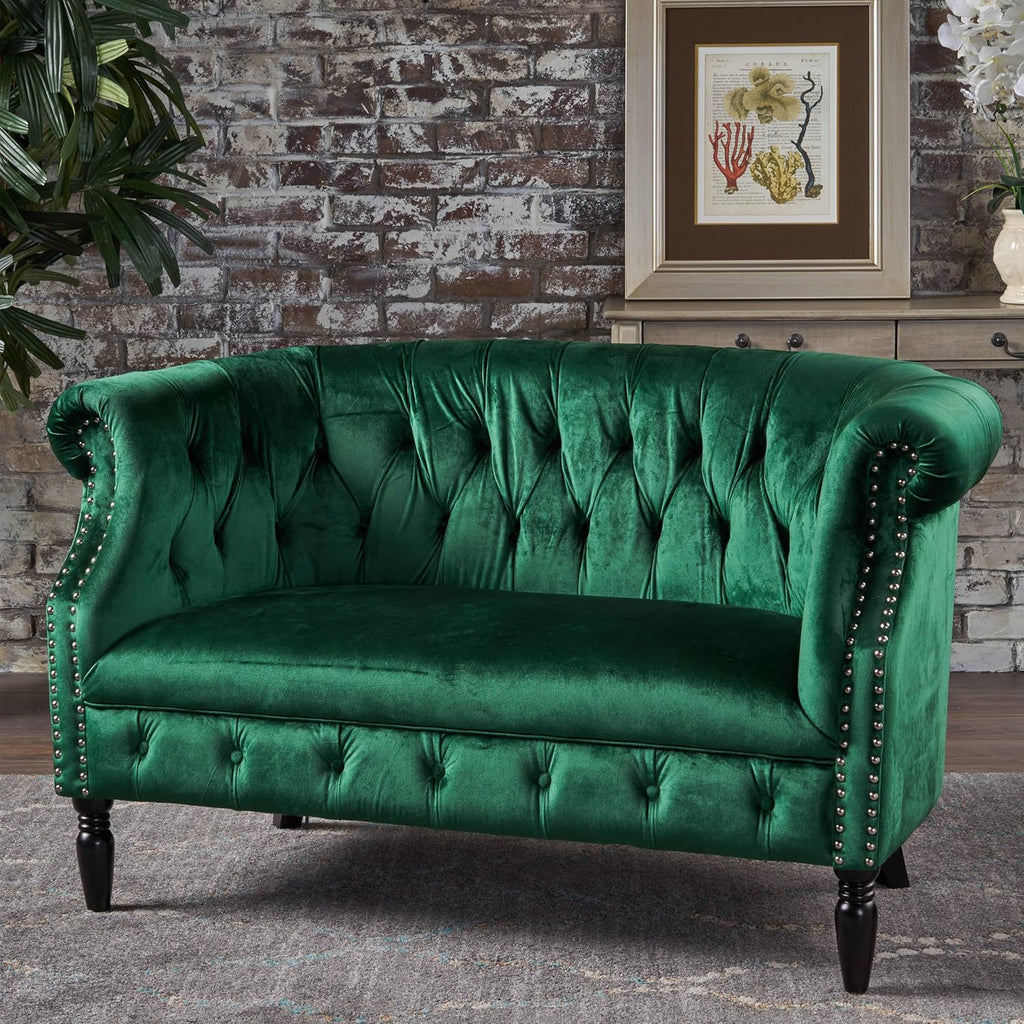 GDFStudio Melaina Tufted Chesterfield Velvet Loveseat with Scrolled Arms, Emerald and Dark Brown.