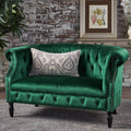 GDFStudio Melaina Tufted Chesterfield Velvet Loveseat with Scrolled Arms, Emerald and Dark Brown.
