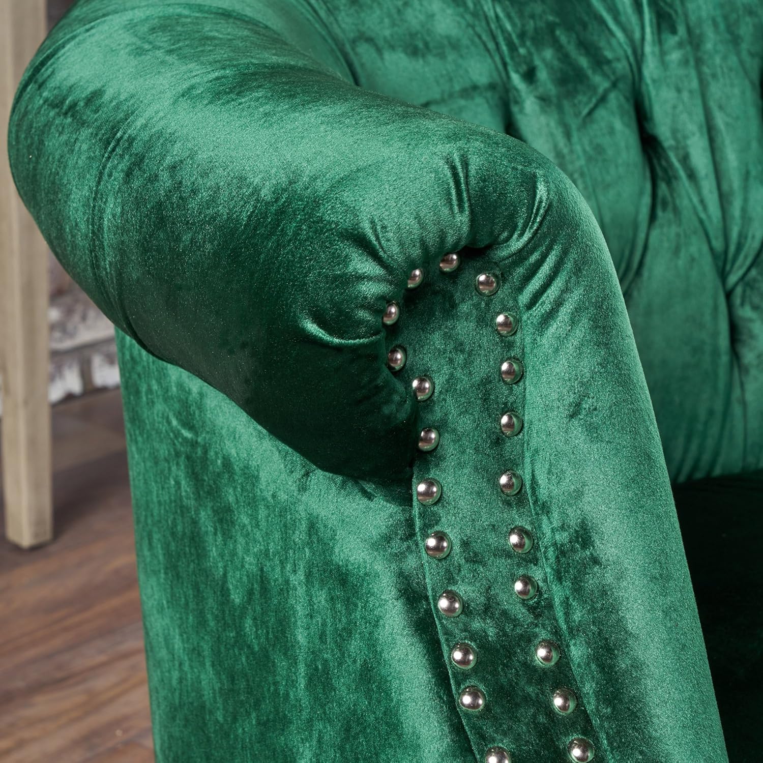 GDFStudio Melaina Tufted Chesterfield Velvet Loveseat with Scrolled Arms, Emerald and Dark Brown.